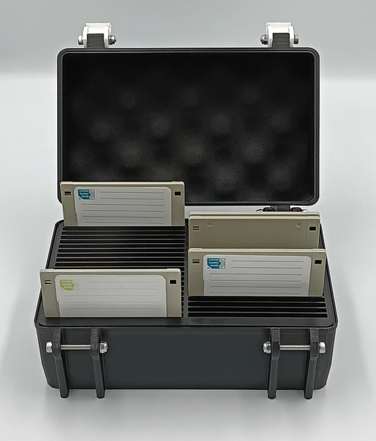 Large 3.5 inch floppy disk storage case with 42 slots for retro computing media